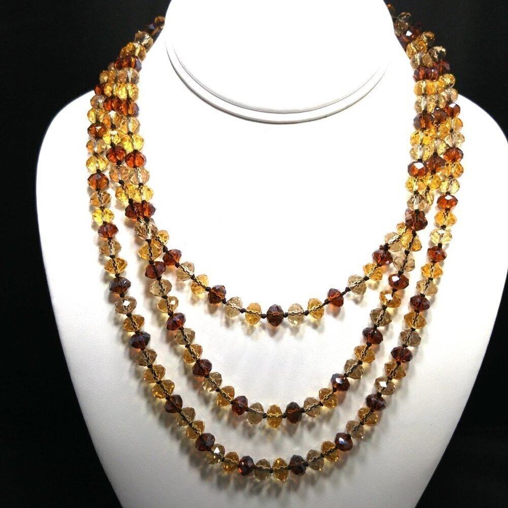 Crystal Topaz Beaded Long Layering Necklace, 58", Black Silk Thread Hand-knotted